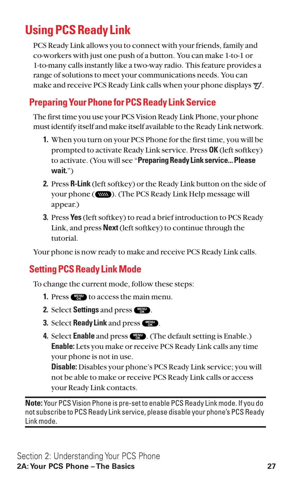 Using pcs ready link, Preparing your phone for pcs ready link service, Setting pcs ready link mode | Sanyo RL2500 User Manual | Page 38 / 205