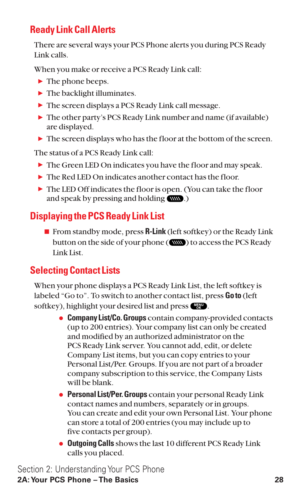 Ready link call alerts, Displaying the pcs ready link list, Selecting contact lists | Sanyo RL2500 User Manual | Page 39 / 205