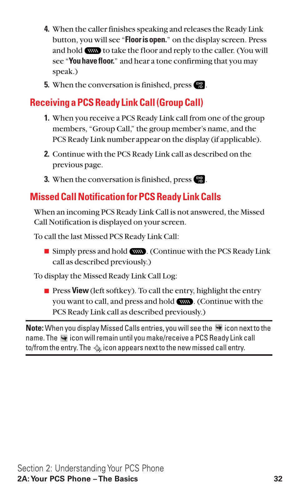 Receiving a pcs ready link call (group call), Missed call notification for pcs ready link calls | Sanyo RL2500 User Manual | Page 43 / 205