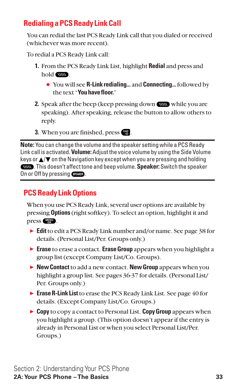 Redialing a pcs ready link call, Pcs ready link options | Sanyo RL2500 User Manual | Page 44 / 205