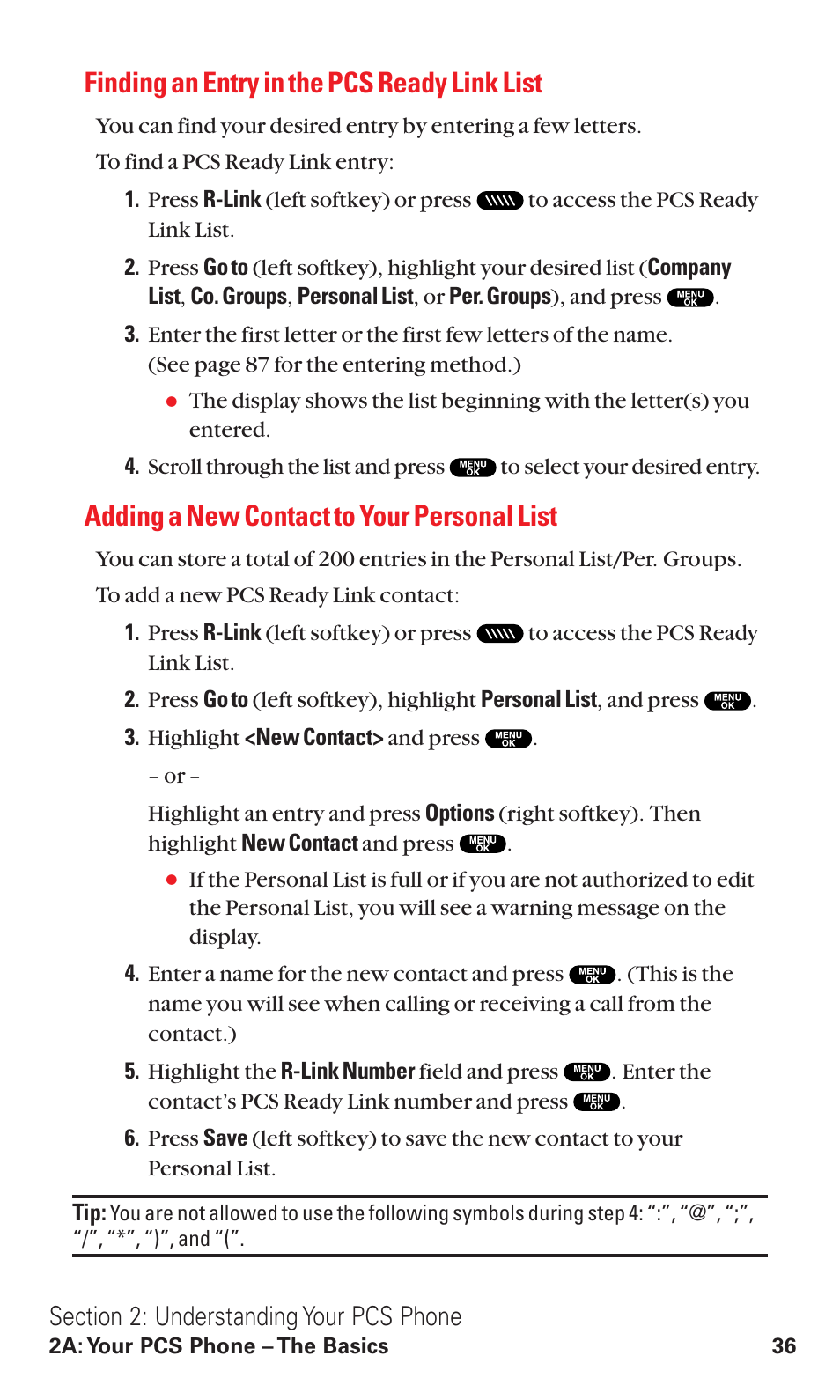 Finding an entry in the pcs ready link list, Adding a new contact to your personal list | Sanyo RL2500 User Manual | Page 47 / 205