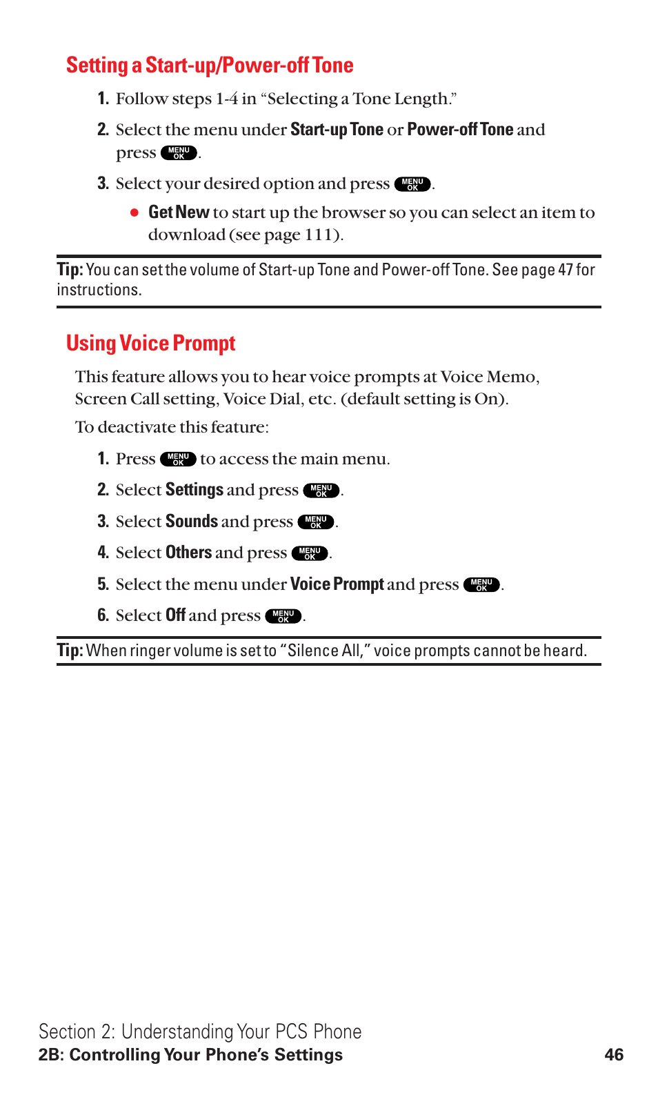 Setting a start-up/power-off tone, Using voice prompt | Sanyo RL2500 User Manual | Page 57 / 205