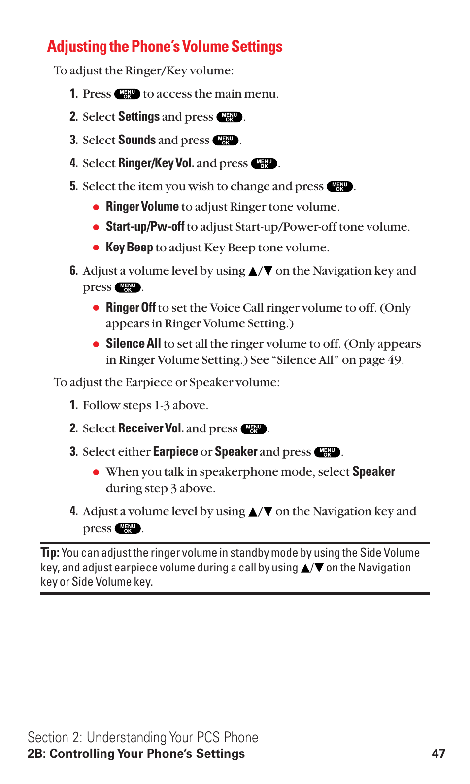 Adjusting the phone’s volume settings | Sanyo RL2500 User Manual | Page 58 / 205