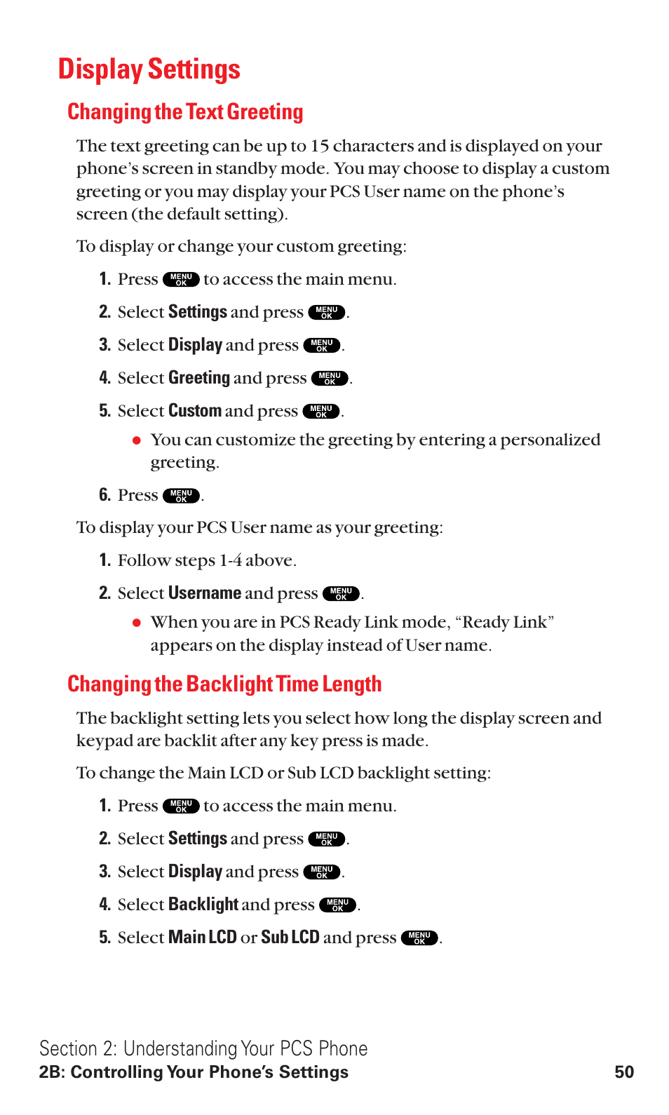 Display settings, Changing the text greeting, Changing the backlight time length | Sanyo RL2500 User Manual | Page 61 / 205