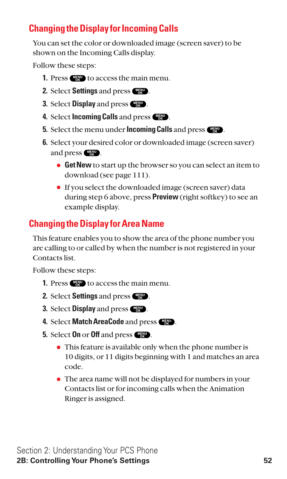 Changing the display for incoming calls, Changing the display for area name | Sanyo RL2500 User Manual | Page 63 / 205