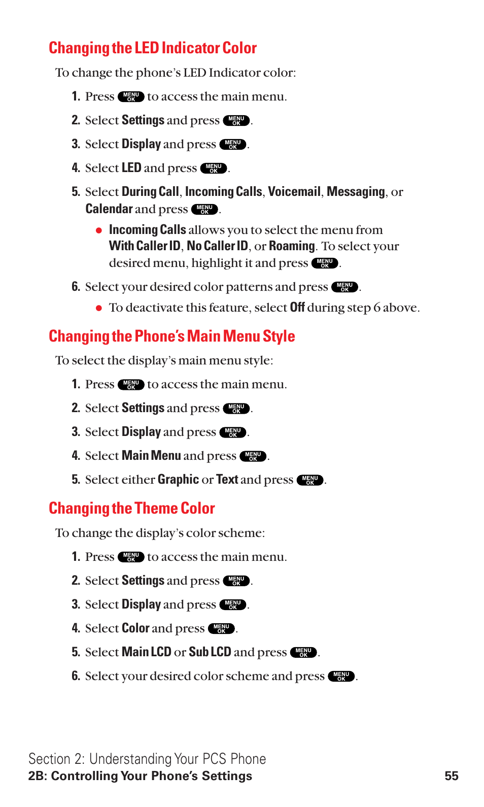 Changing the led indicator color, Changing the phone’s main menu style, Changing the theme color | Sanyo RL2500 User Manual | Page 66 / 205