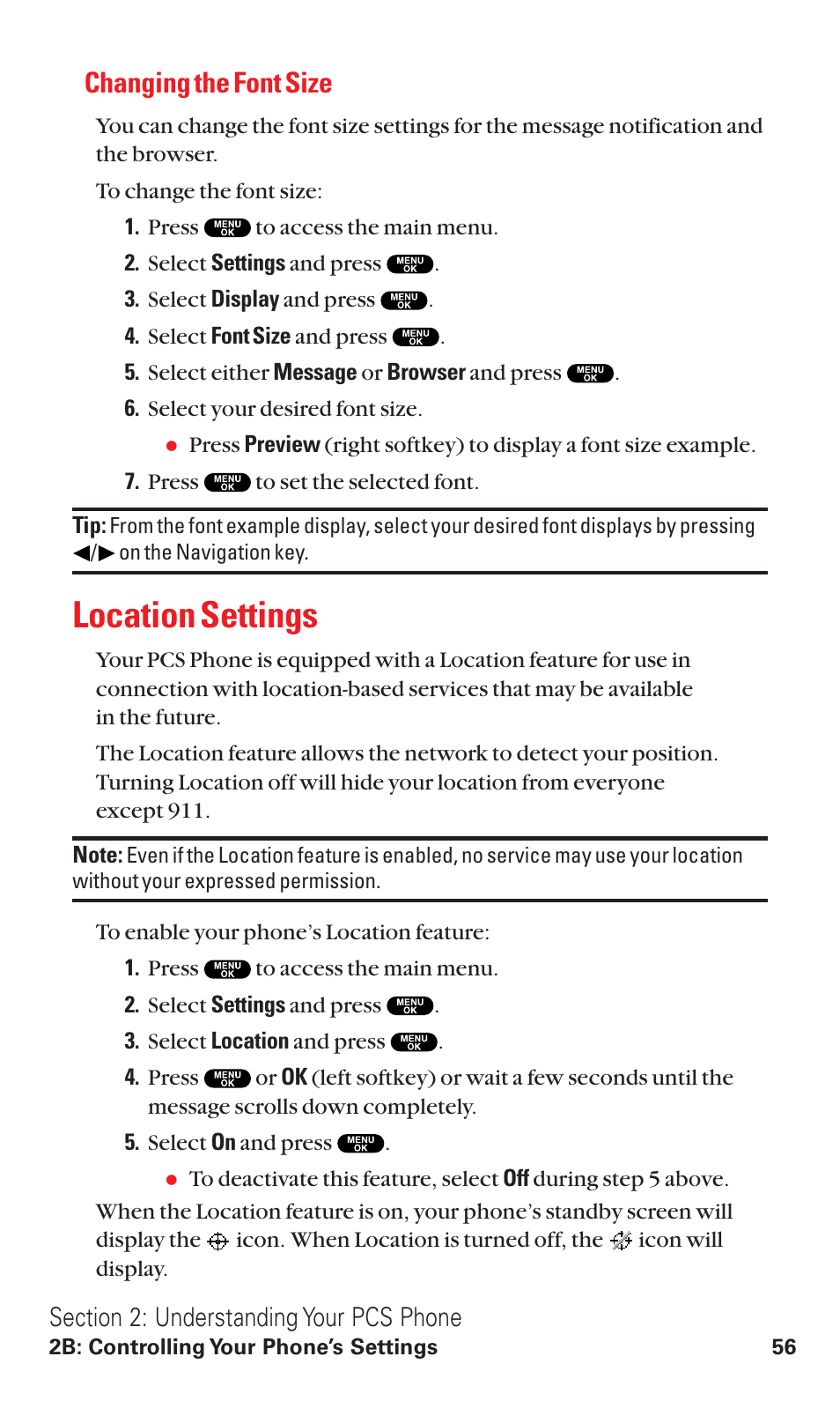 Changing the font size, Location settings | Sanyo RL2500 User Manual | Page 67 / 205