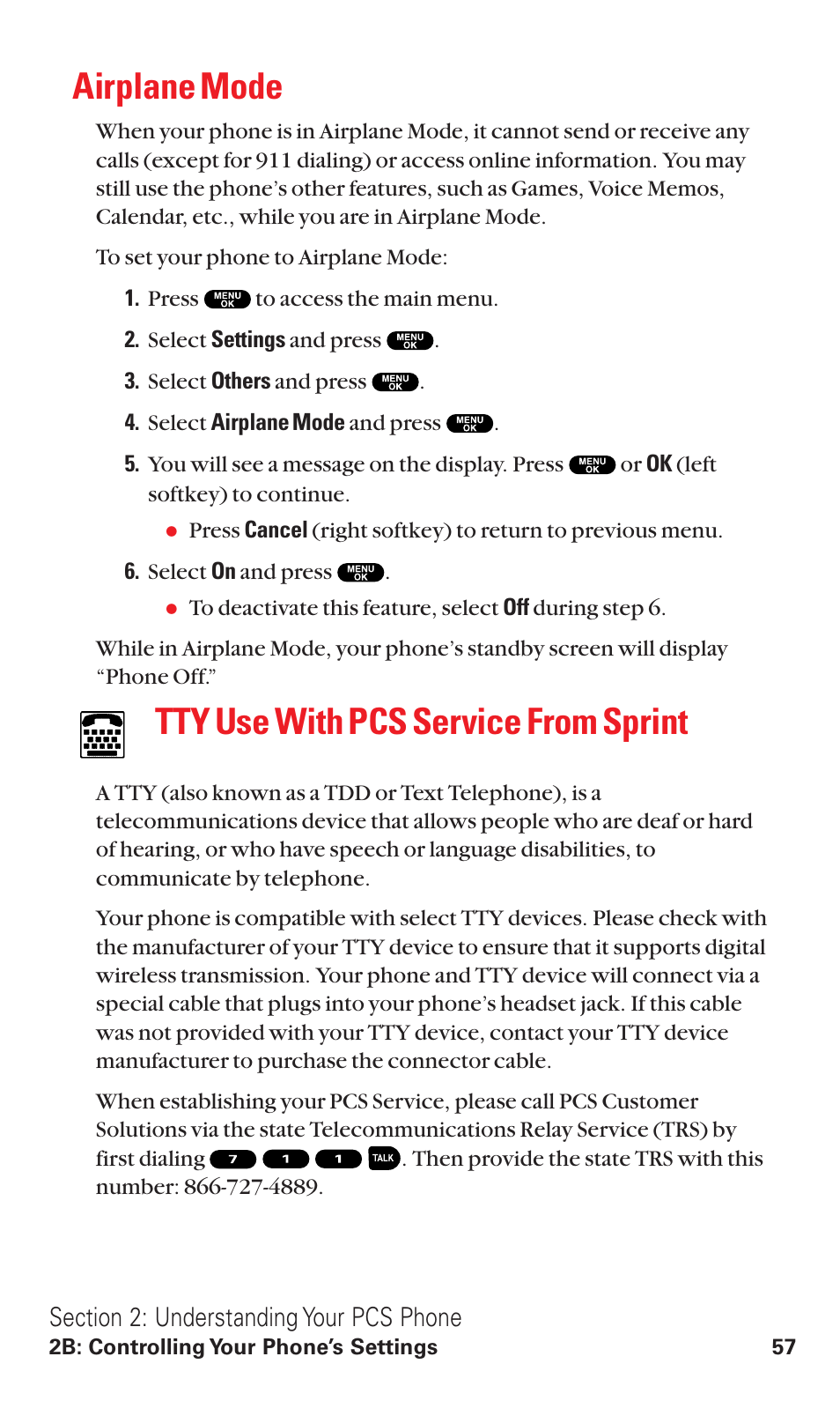 Airplane mode, Tty use with pcs service from sprint | Sanyo RL2500 User Manual | Page 68 / 205