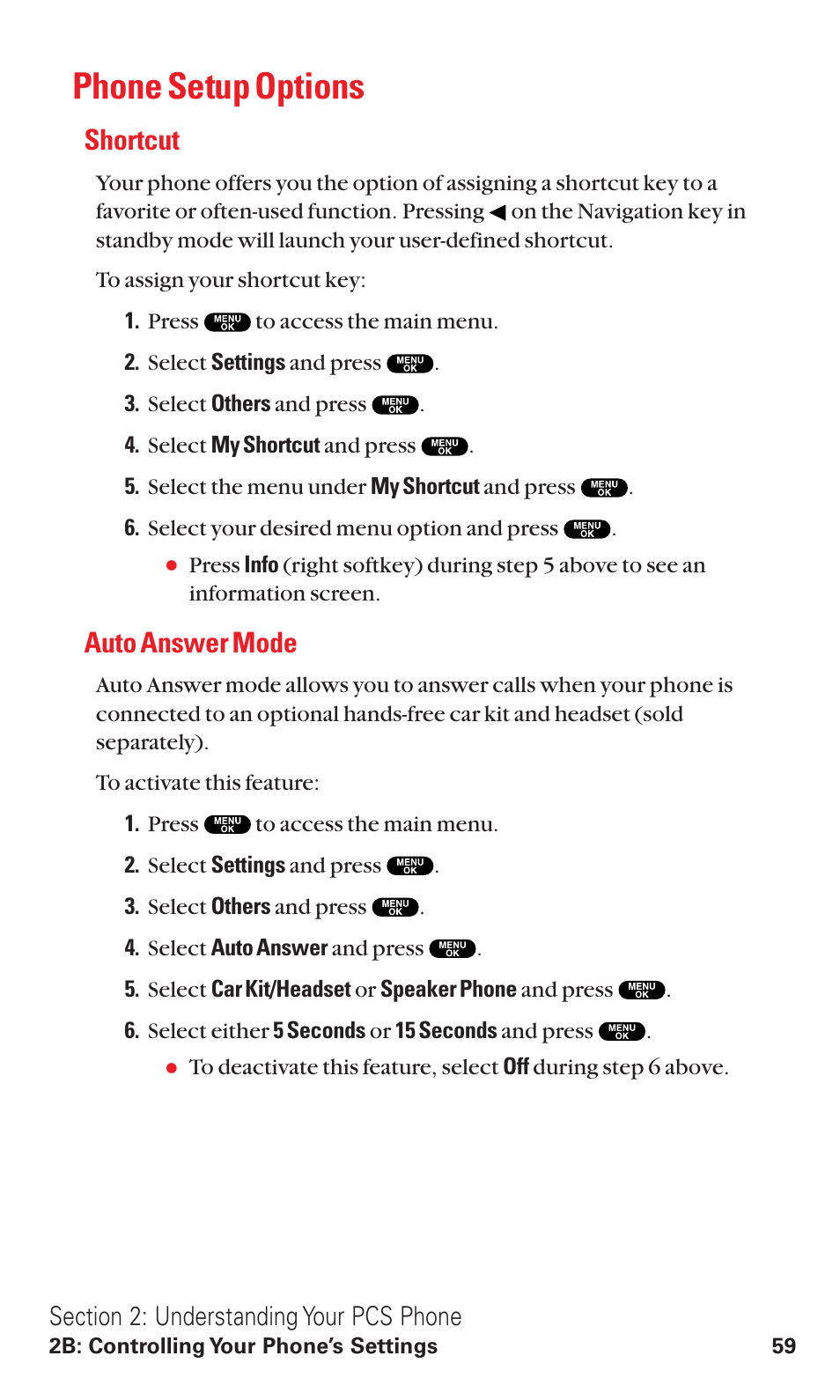 Phone setup options, Shortcut, Auto answer mode | Sanyo RL2500 User Manual | Page 70 / 205