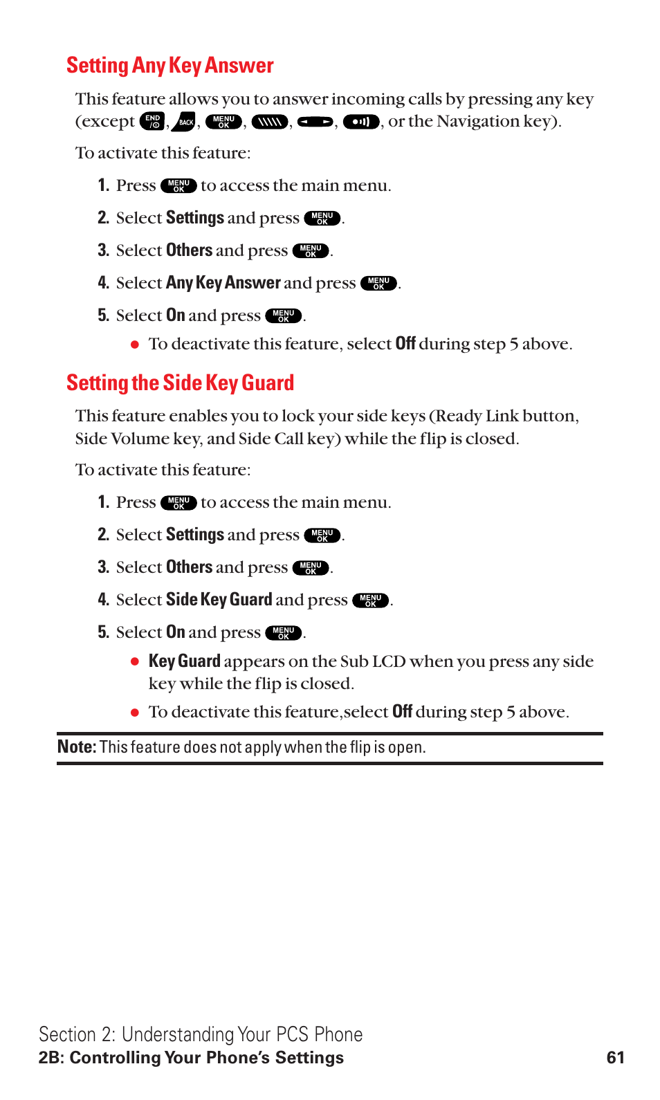 Setting any key answer, Setting the side key guard | Sanyo RL2500 User Manual | Page 72 / 205