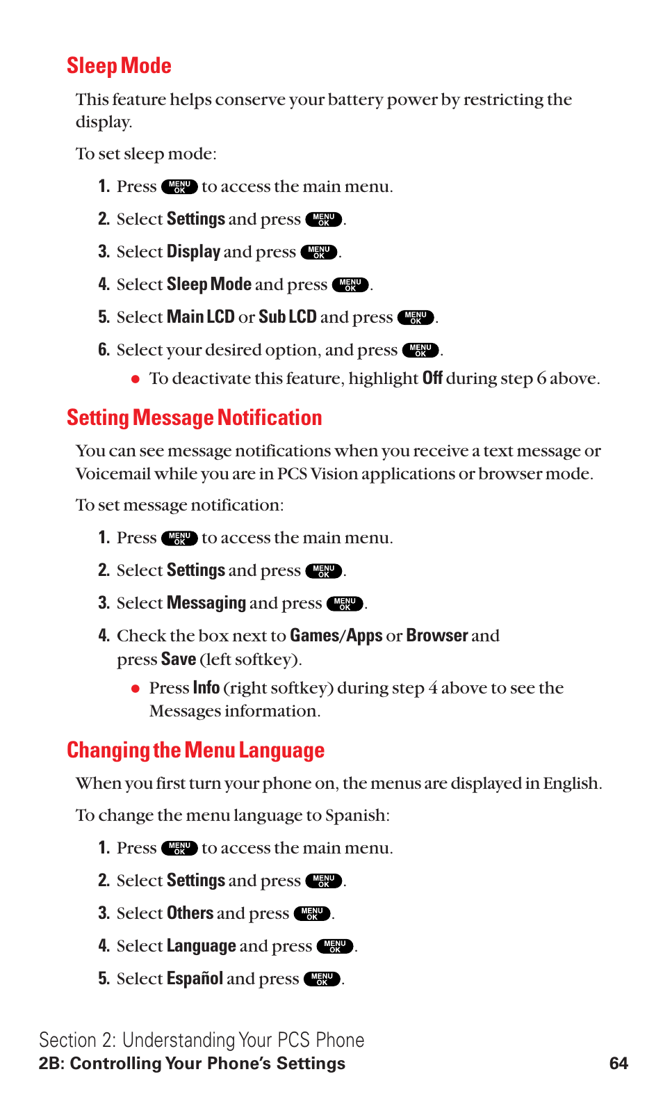 Sleep mode, Setting message notification, Changing the menu language | Sanyo RL2500 User Manual | Page 75 / 205