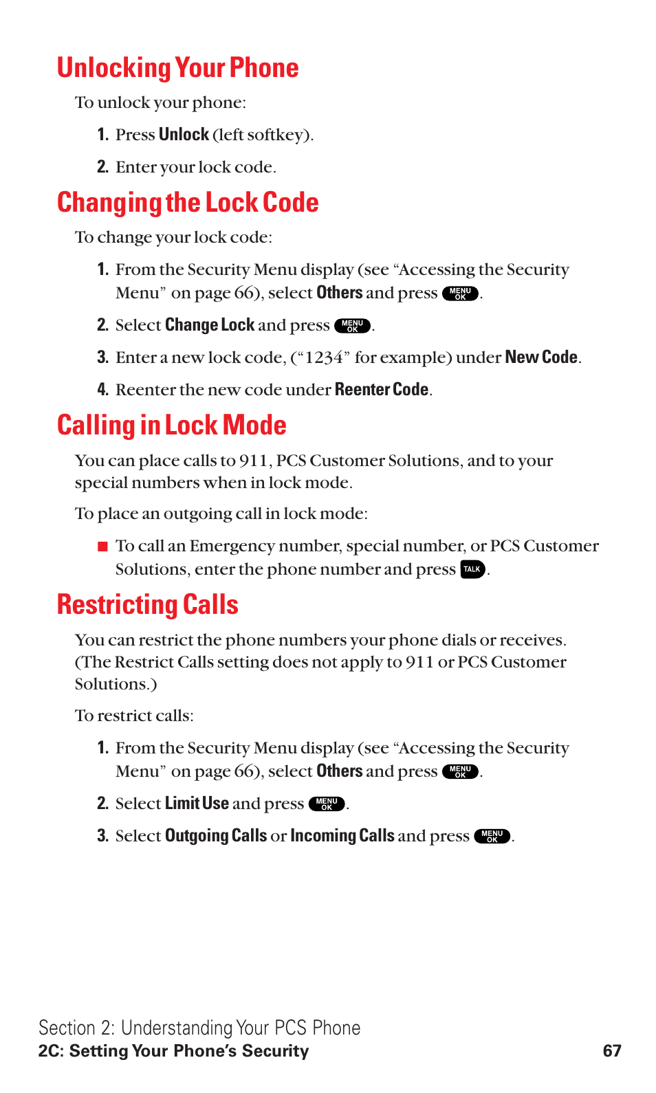 Unlocking your phone, Changing the lock code, Calling in lock mode | Restricting calls | Sanyo RL2500 User Manual | Page 78 / 205