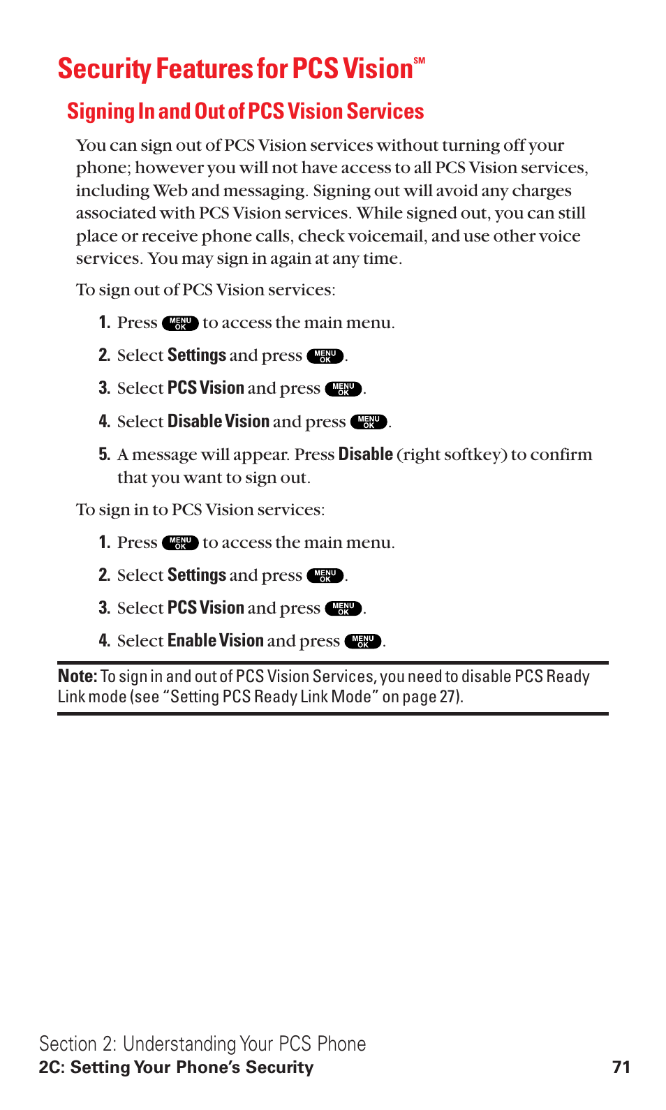 Security features for pcs vision, Signing in and out of pcs vision services | Sanyo RL2500 User Manual | Page 82 / 205