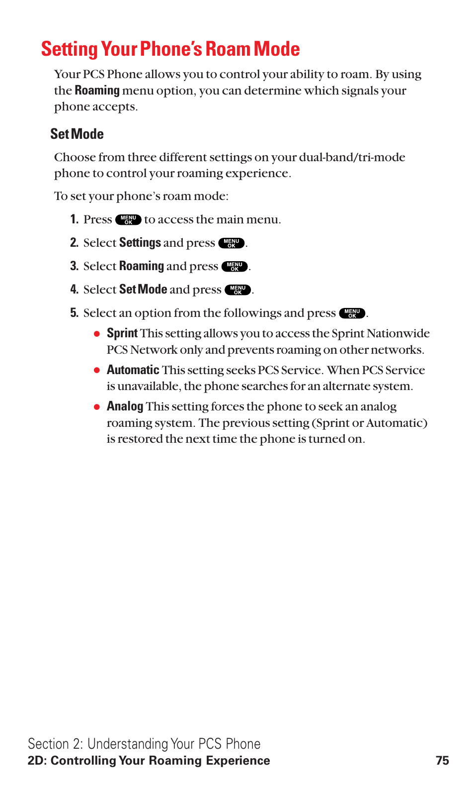 Setting your phone’s roam mode, Set mode | Sanyo RL2500 User Manual | Page 86 / 205