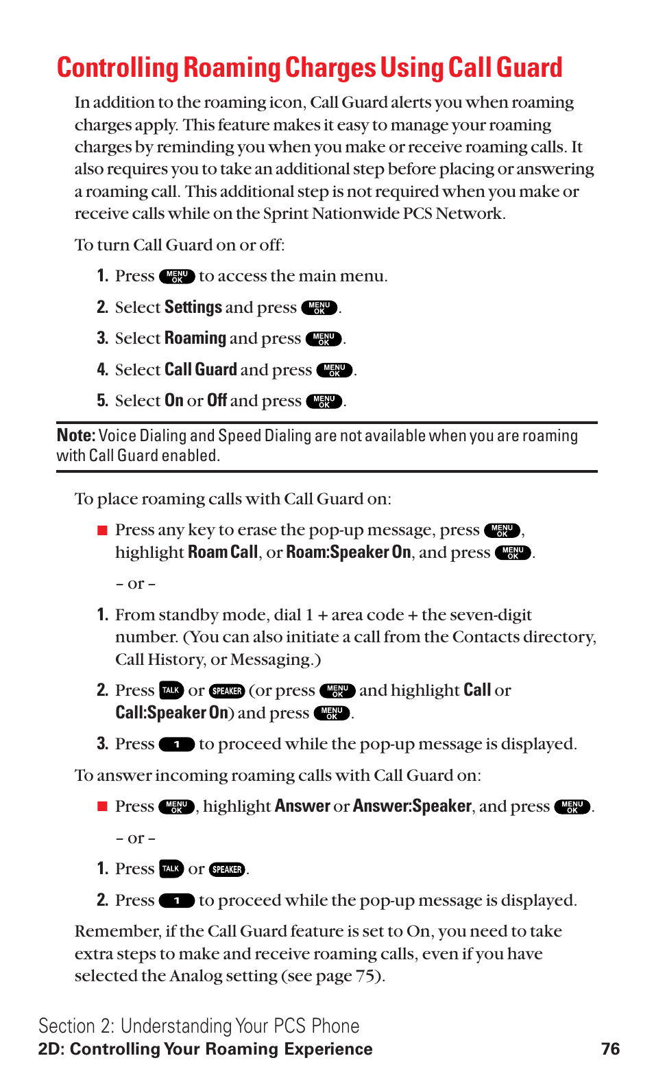 Controlling roaming charges using call guard | Sanyo RL2500 User Manual | Page 87 / 205