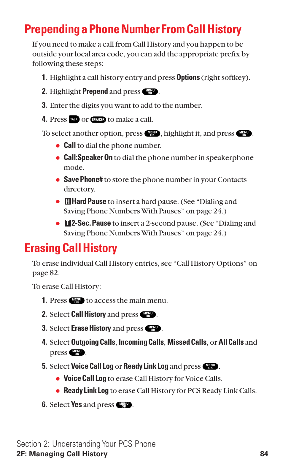 Prepending a phone number from call history, Erasing call history | Sanyo RL2500 User Manual | Page 95 / 205