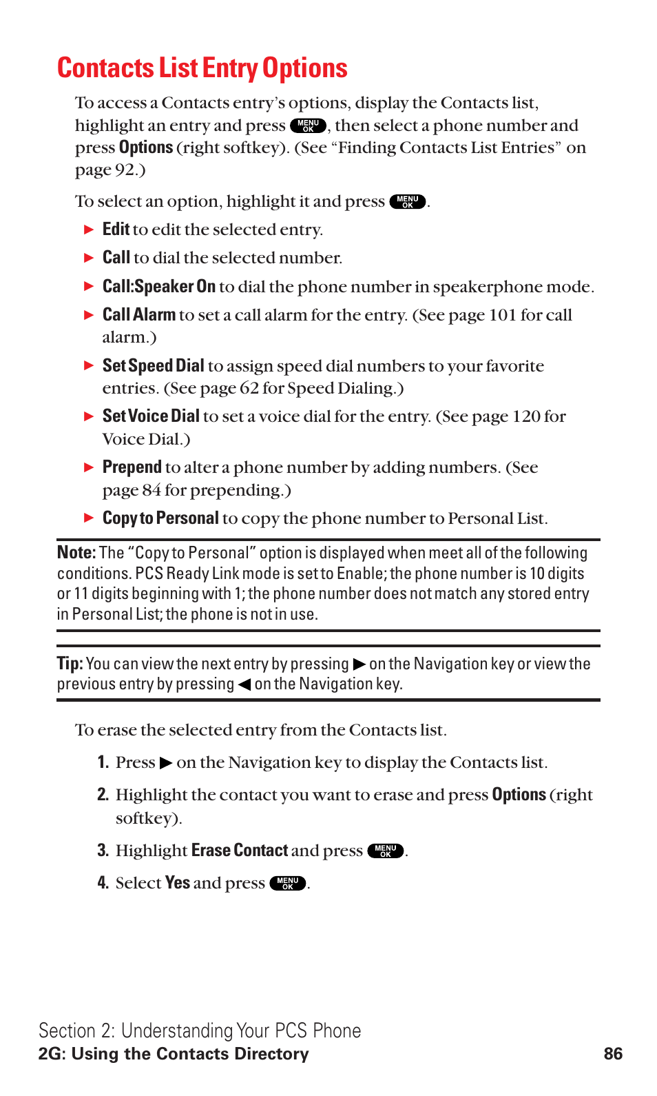Contacts list entry options | Sanyo RL2500 User Manual | Page 97 / 205