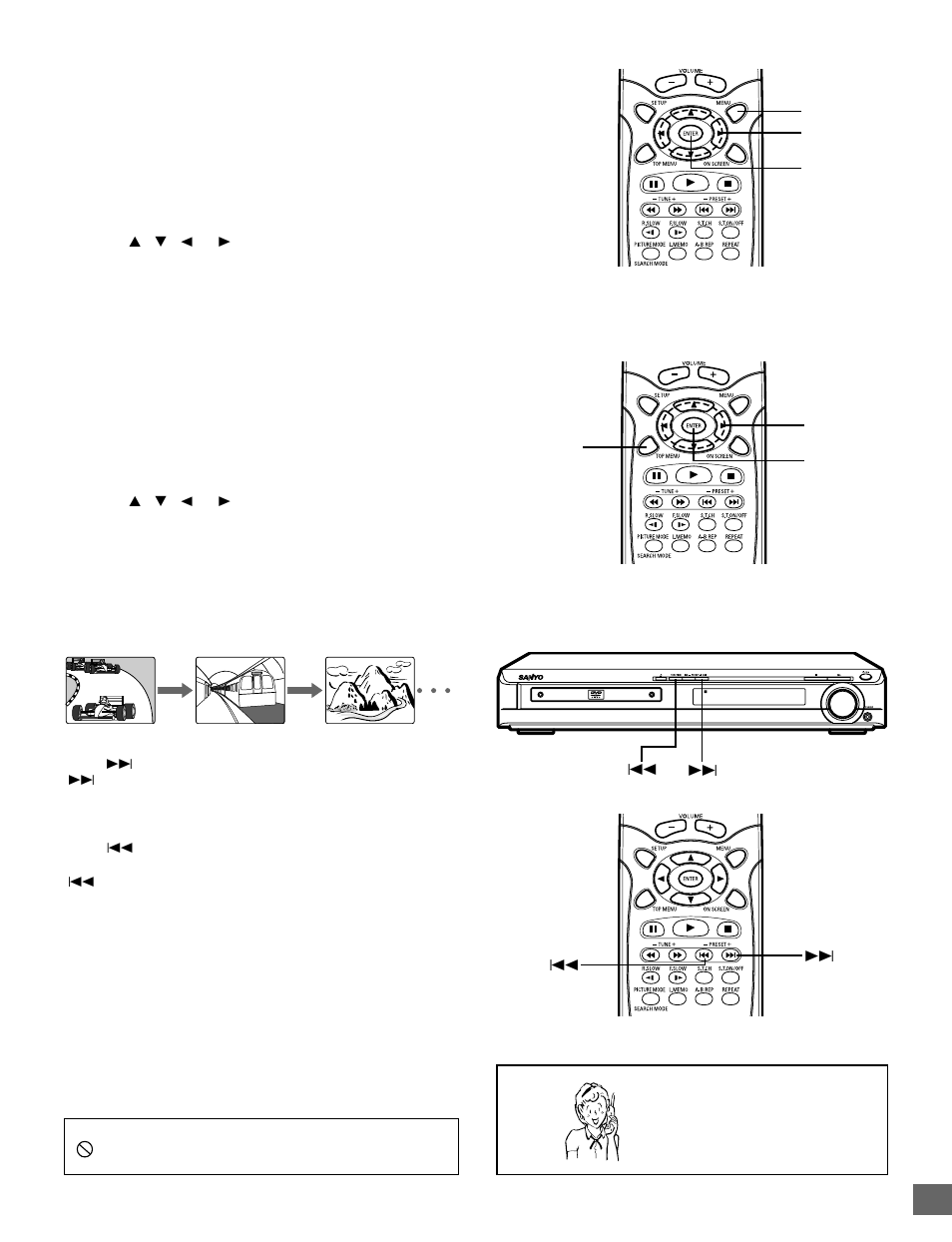 Selecting a dvd menu, Selecting a top menu [dvd, Chapter (track) skip | Need help? call | Sanyo DWM-2500 User Manual | Page 19 / 42