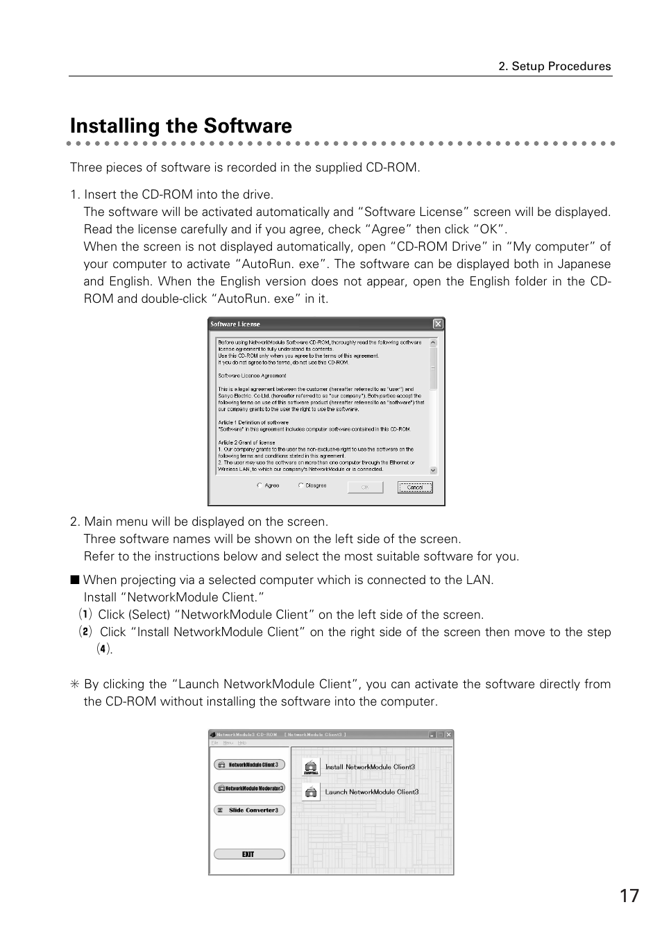 Installing the software | Sanyo XG-705A User Manual | Page 17 / 99
