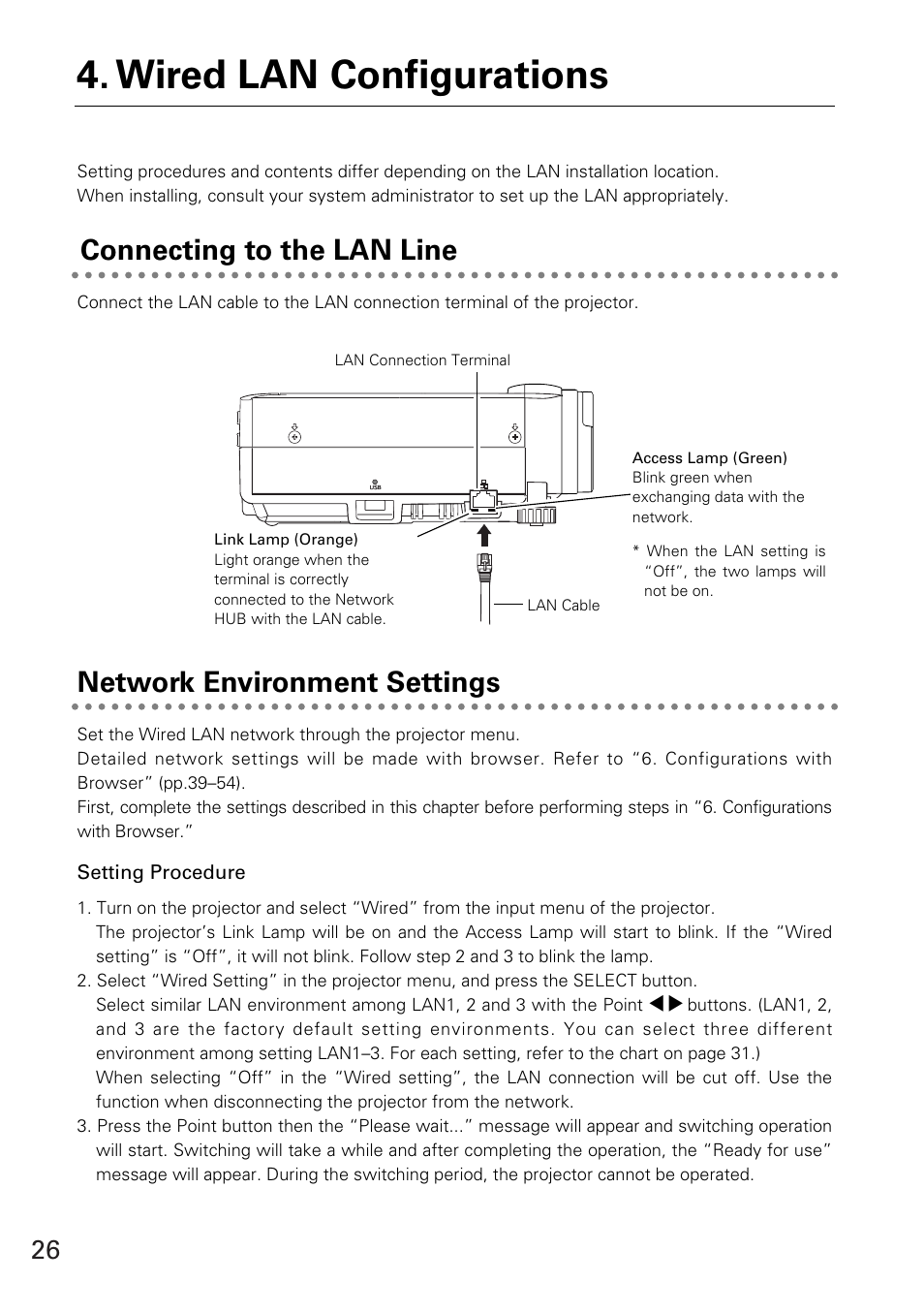 Connecting to the lan line, Network environment settings, Setting procedure | Wired lan configurations | Sanyo XG-705A User Manual | Page 26 / 99