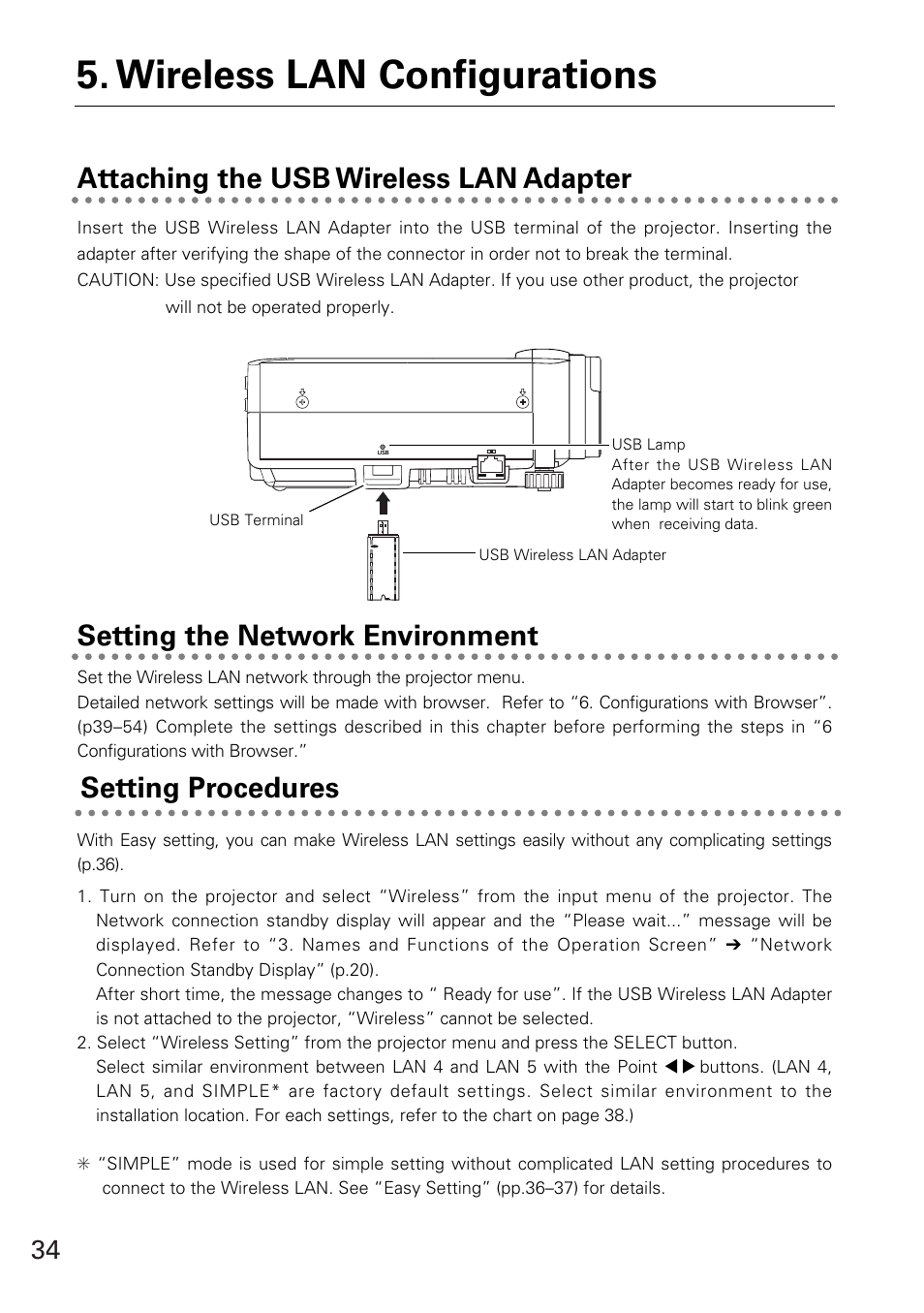 Attaching the usb wireless lan adapter, Setting the network environment, Setting procedures | Wireless lan configurations | Sanyo XG-705A User Manual | Page 34 / 99