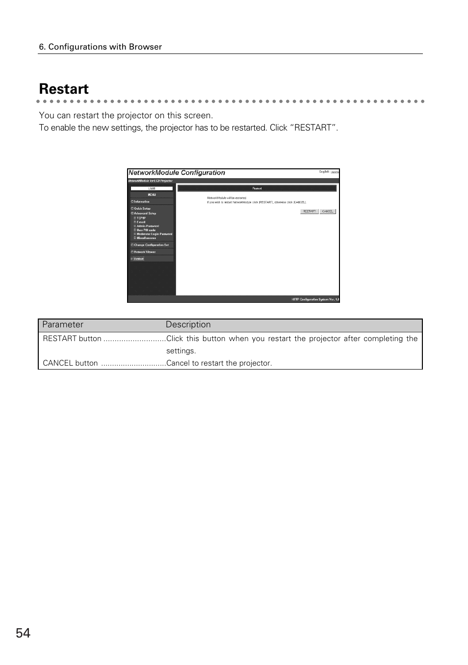 Restart | Sanyo XG-705A User Manual | Page 54 / 99