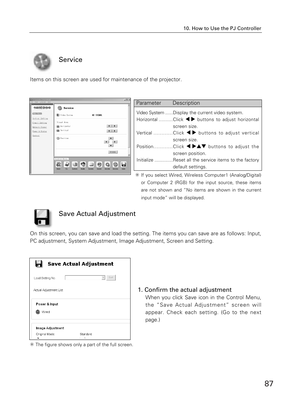 Service, Save actual adjustment | Sanyo XG-705A User Manual | Page 87 / 99