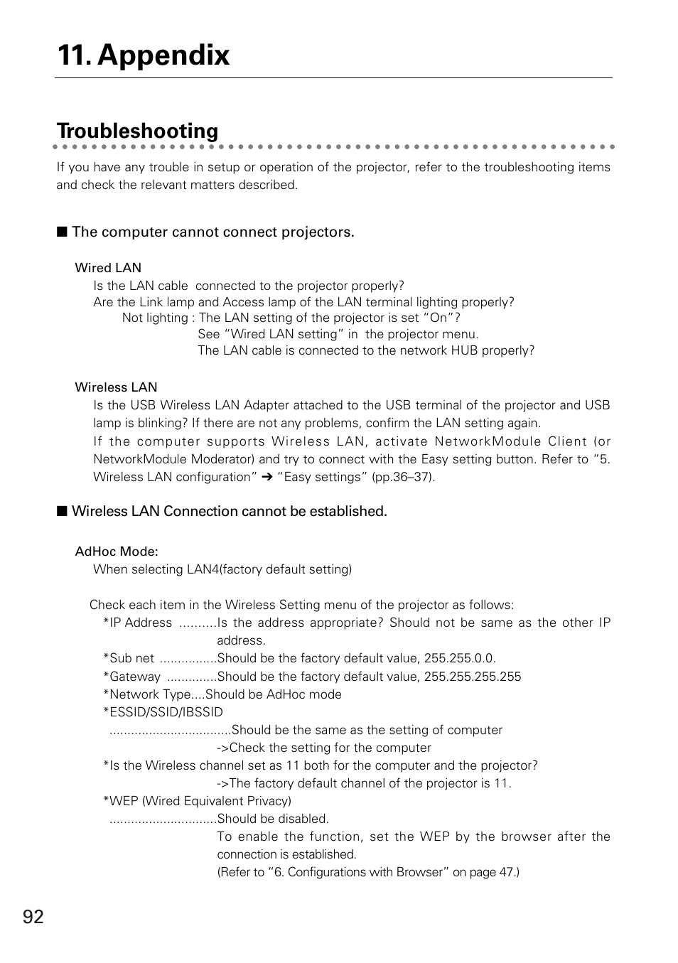 Troubleshooting, Appendix | Sanyo XG-705A User Manual | Page 92 / 99