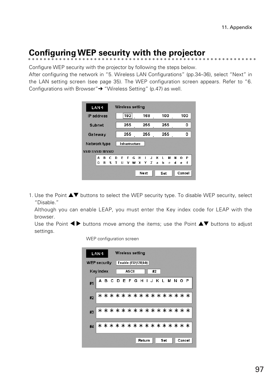 Configuring wep security with the projector | Sanyo XG-705A User Manual | Page 97 / 99