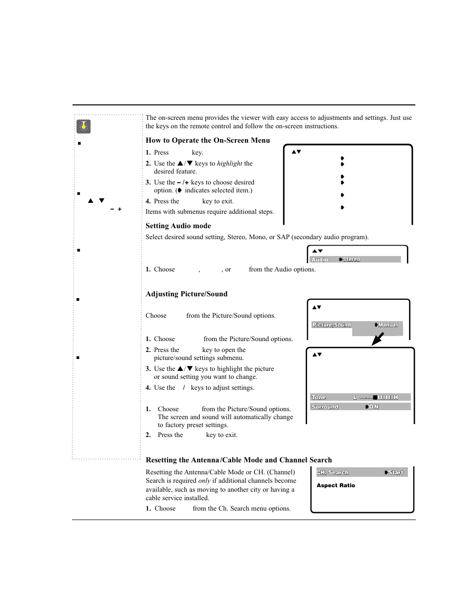 Tv adjustment and setup, Quicktips | Sanyo DS24424 User Manual | Page 12 / 52