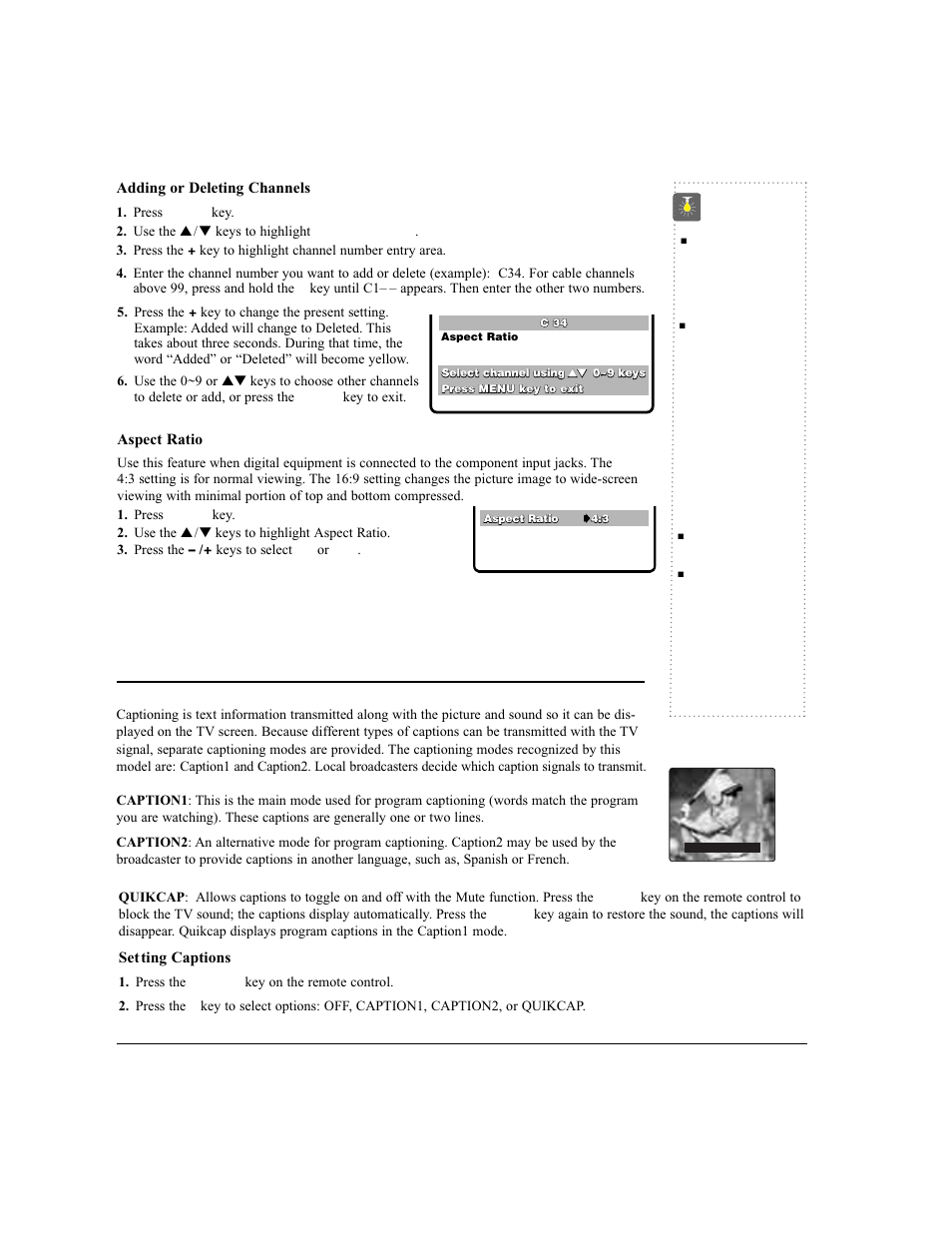 Closed-captioning, Quicktips | Sanyo DS24424 User Manual | Page 13 / 52