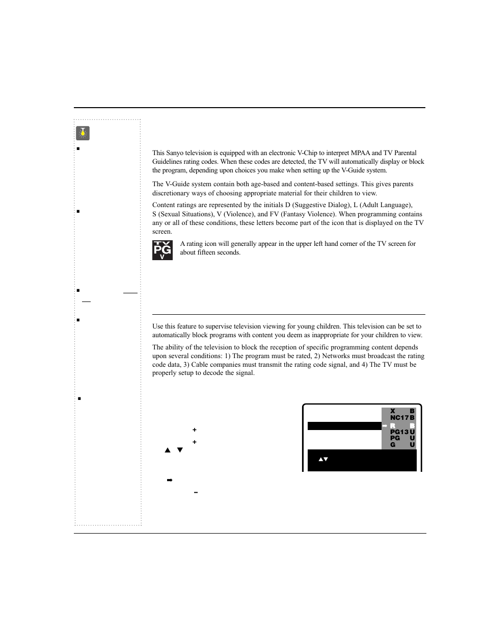 V-guide operation, V-guide (parental control) information, Quicktips | Sanyo DS24424 User Manual | Page 14 / 52