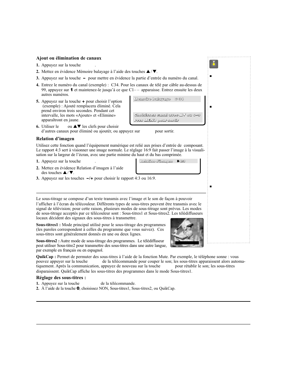 Sous-titrage (cc), Renseignements sur le guide v, Conseils | Sanyo DS24424 User Manual | Page 49 / 52