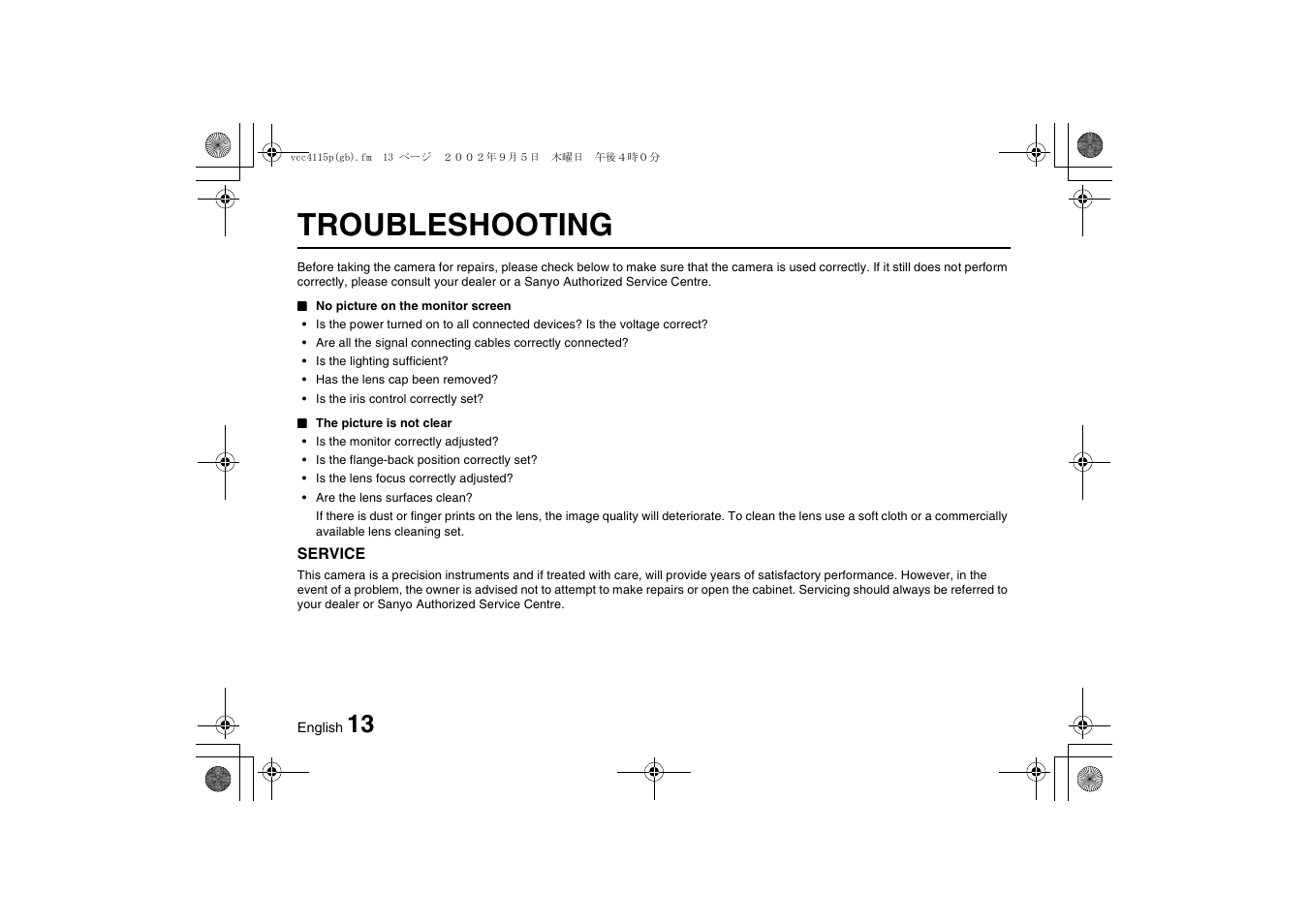 Troubleshooting | Sanyo VCC-4115P User Manual | Page 14 / 16