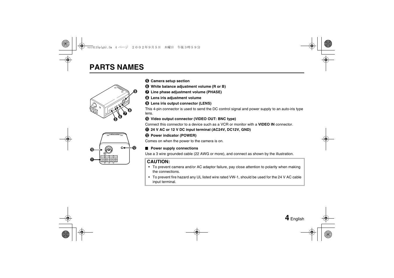 Parts names | Sanyo VCC-4115P User Manual | Page 5 / 16