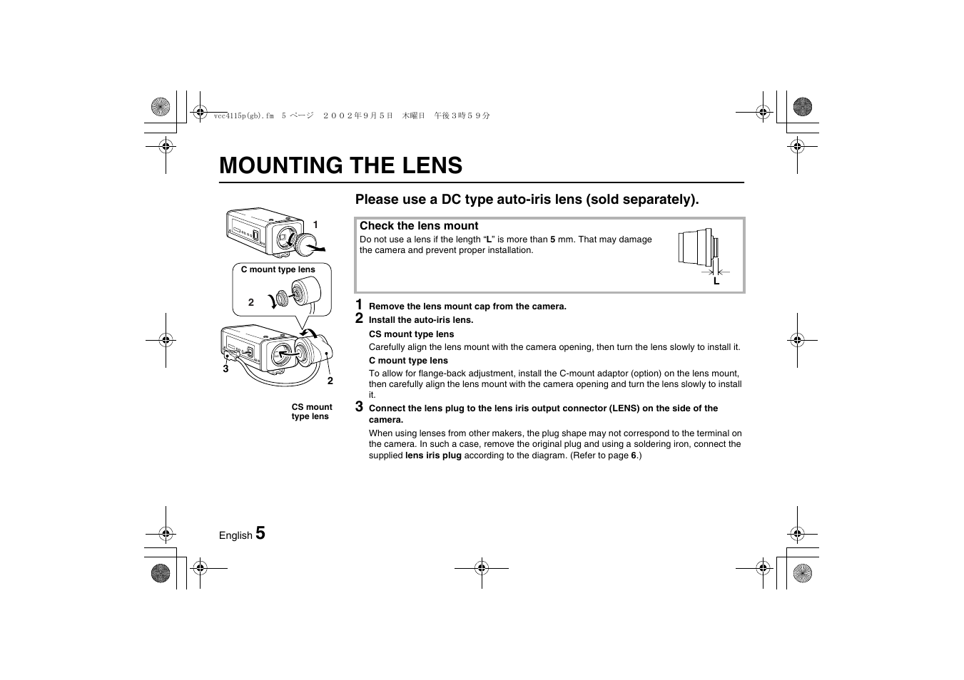 Mounting the lens | Sanyo VCC-4115P User Manual | Page 6 / 16