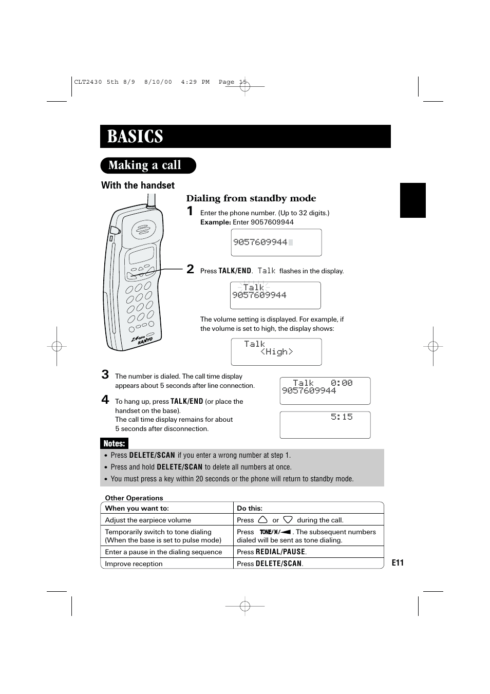 Basics, Making a call | Sanyo LC-2430 User Manual | Page 15 / 60