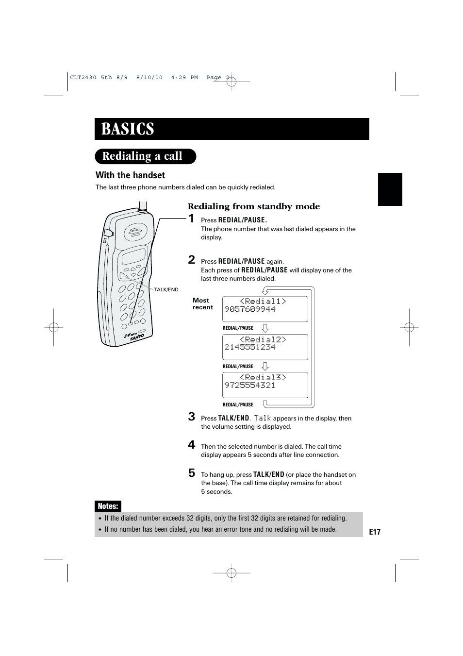Basics, Redialing a call | Sanyo LC-2430 User Manual | Page 21 / 60