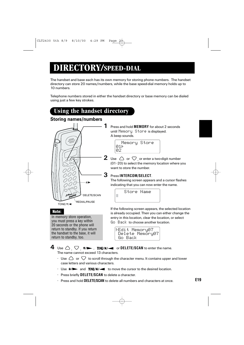 Directory, Speed-dial, Using the handset directory | Sanyo LC-2430 User Manual | Page 23 / 60