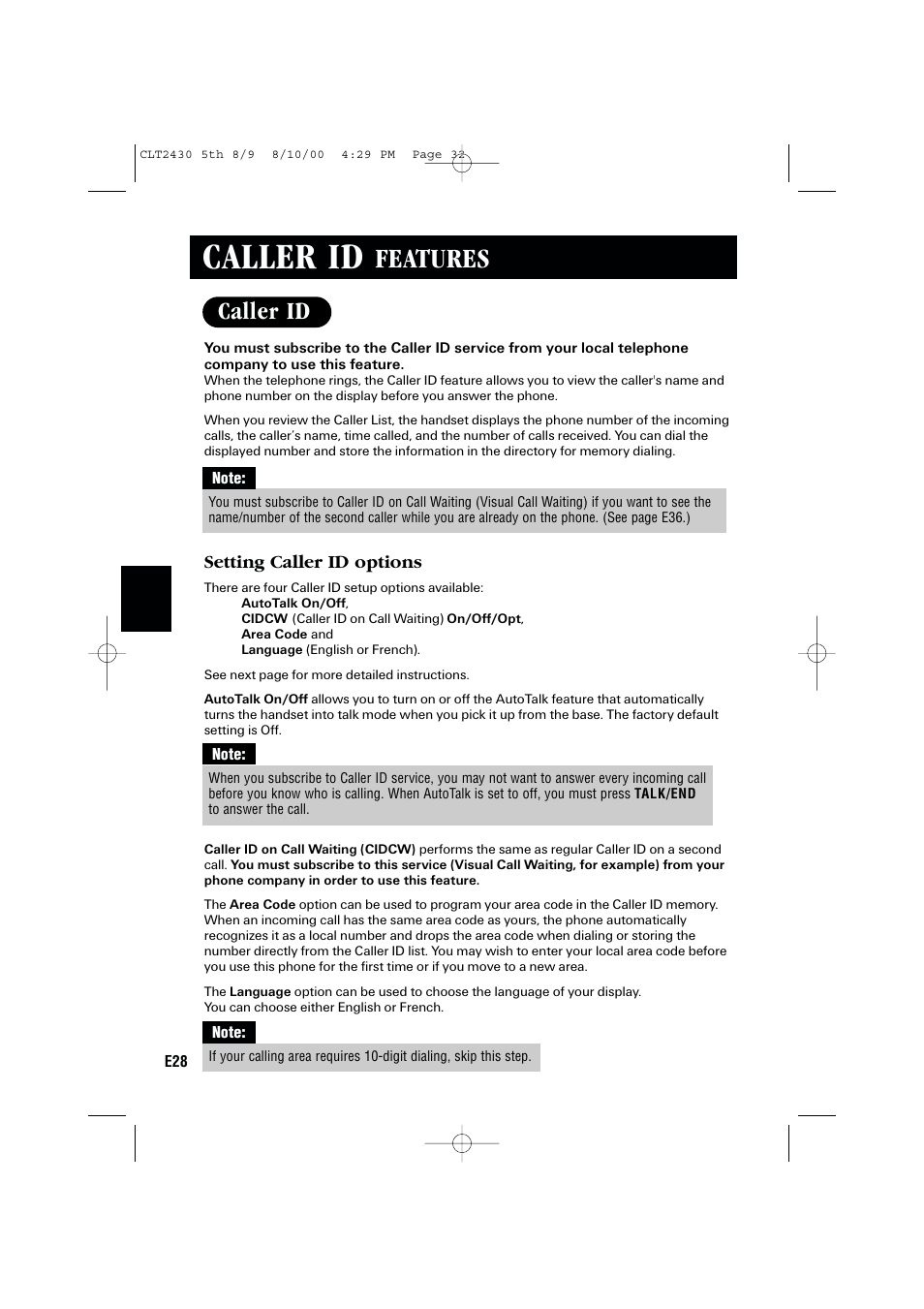 Caller id, Features | Sanyo LC-2430 User Manual | Page 32 / 60