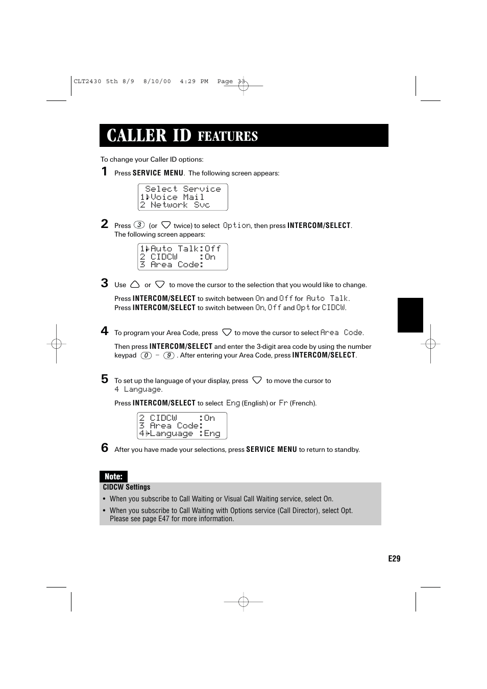 Caller id, Features | Sanyo LC-2430 User Manual | Page 33 / 60