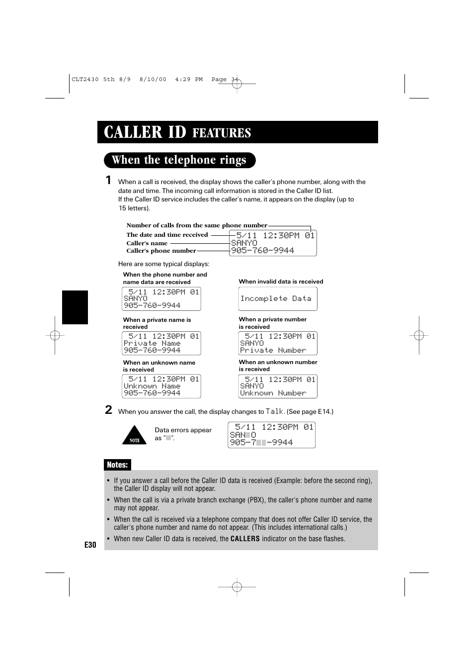 Caller id, Features, When the telephone rings | Sanyo LC-2430 User Manual | Page 34 / 60