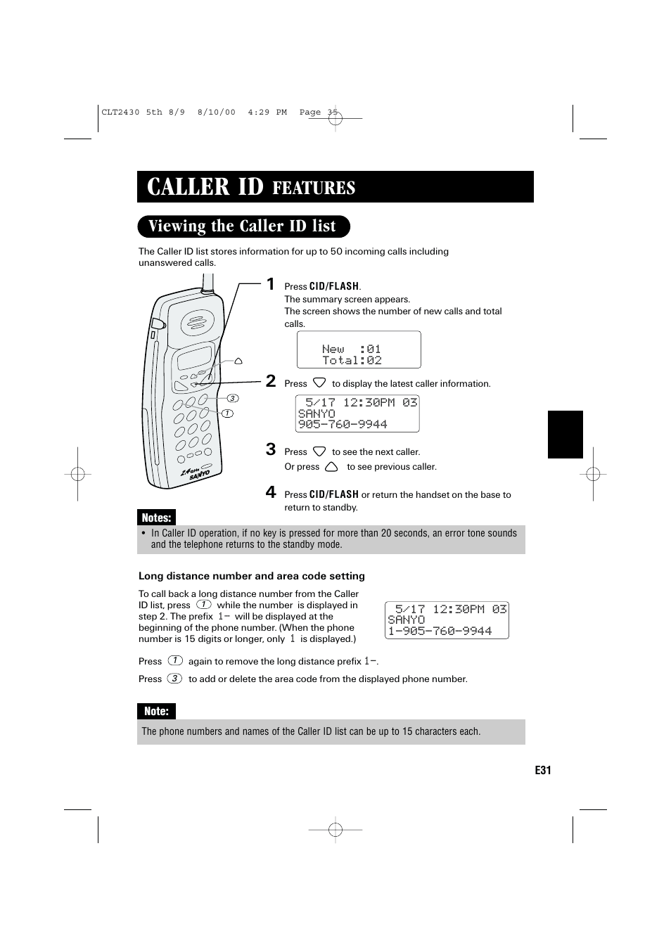 Caller id, Features, Viewing the caller id list | Sanyo LC-2430 User Manual | Page 35 / 60