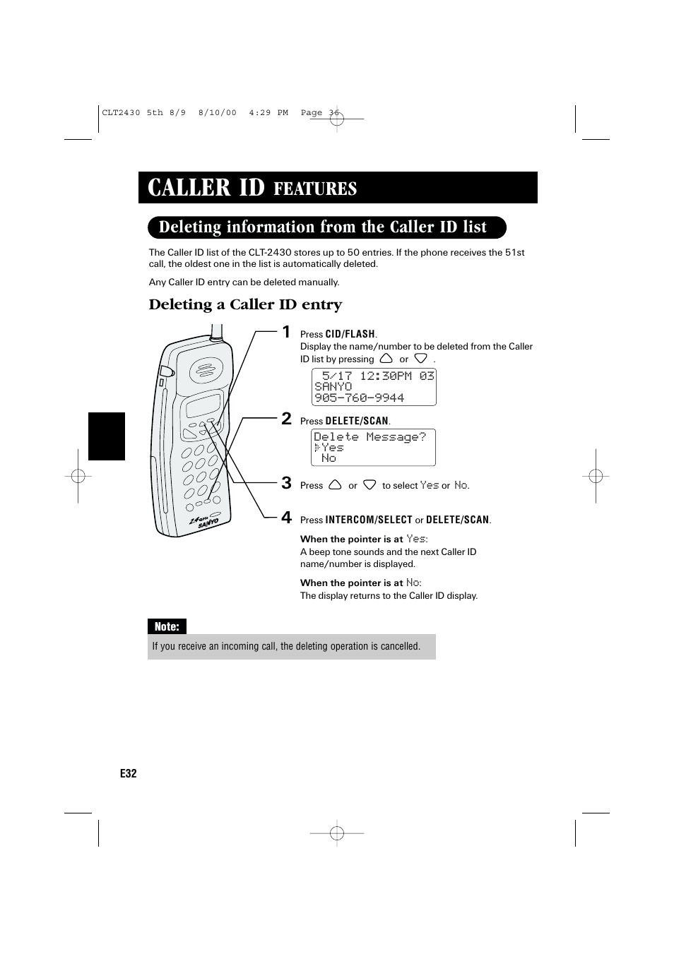Caller id, Features, Deleting information from the caller id list | Deleting a caller id entry | Sanyo LC-2430 User Manual | Page 36 / 60