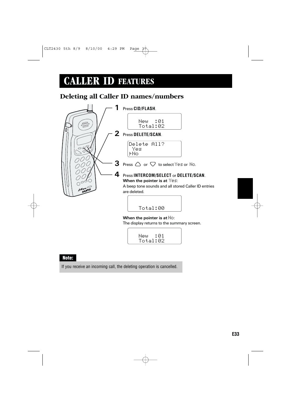 Caller id, Features, Deleting all caller id names/numbers | Sanyo LC-2430 User Manual | Page 37 / 60