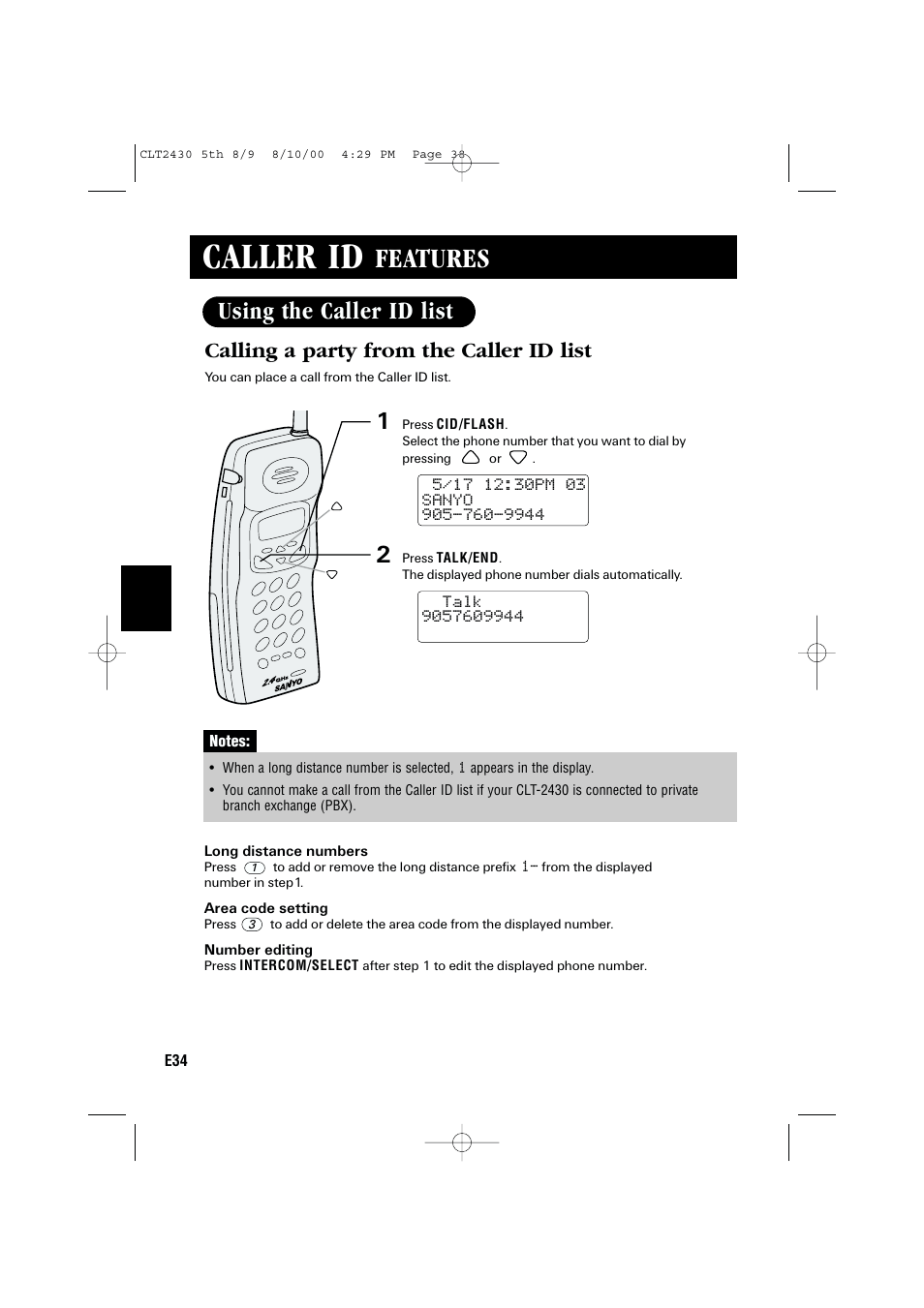 Caller id, Features, Using the caller id list | Calling a party from the caller id list | Sanyo LC-2430 User Manual | Page 38 / 60