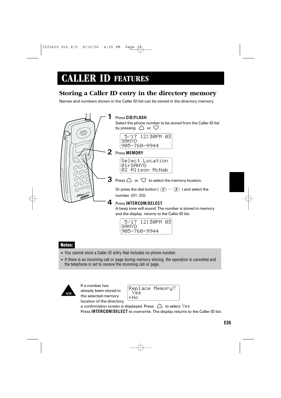 Caller id, Features | Sanyo LC-2430 User Manual | Page 39 / 60