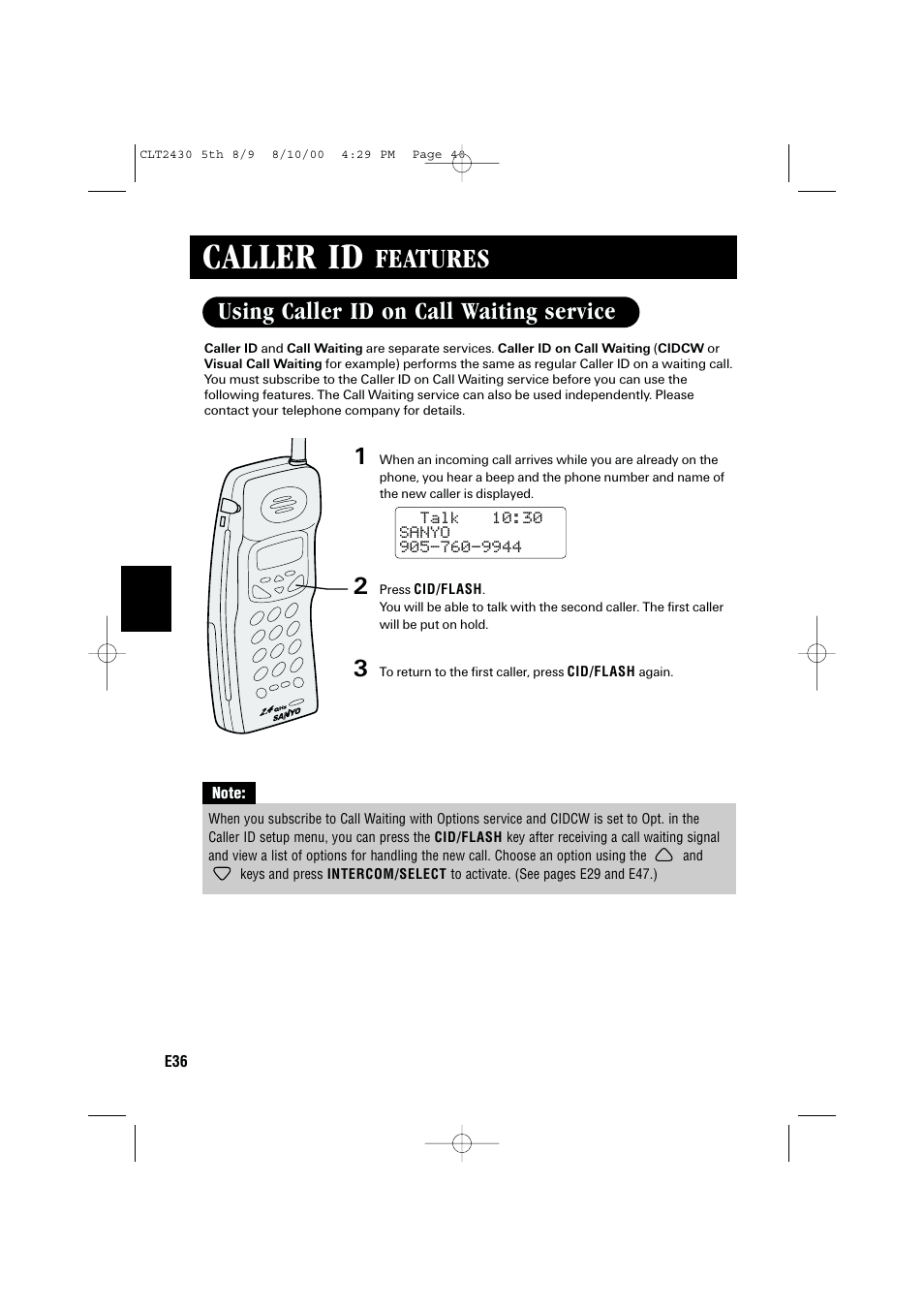 Caller id, Features, Using caller id on call waiting service | Sanyo LC-2430 User Manual | Page 40 / 60