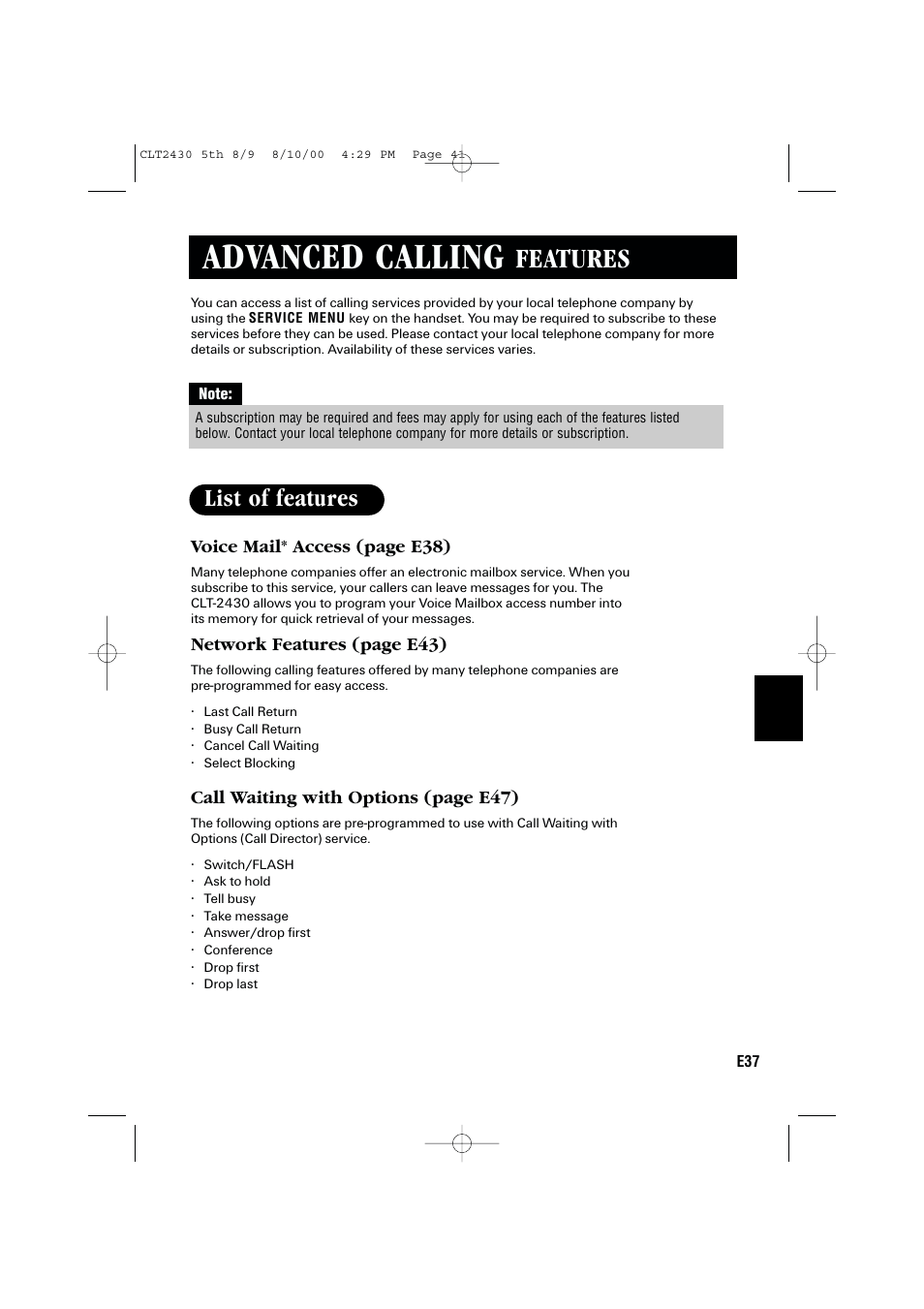 Advanced calling, Features, List of features | Sanyo LC-2430 User Manual | Page 41 / 60