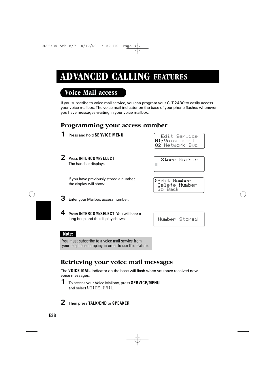 Advanced calling, Features, Voice mail access | Sanyo LC-2430 User Manual | Page 42 / 60